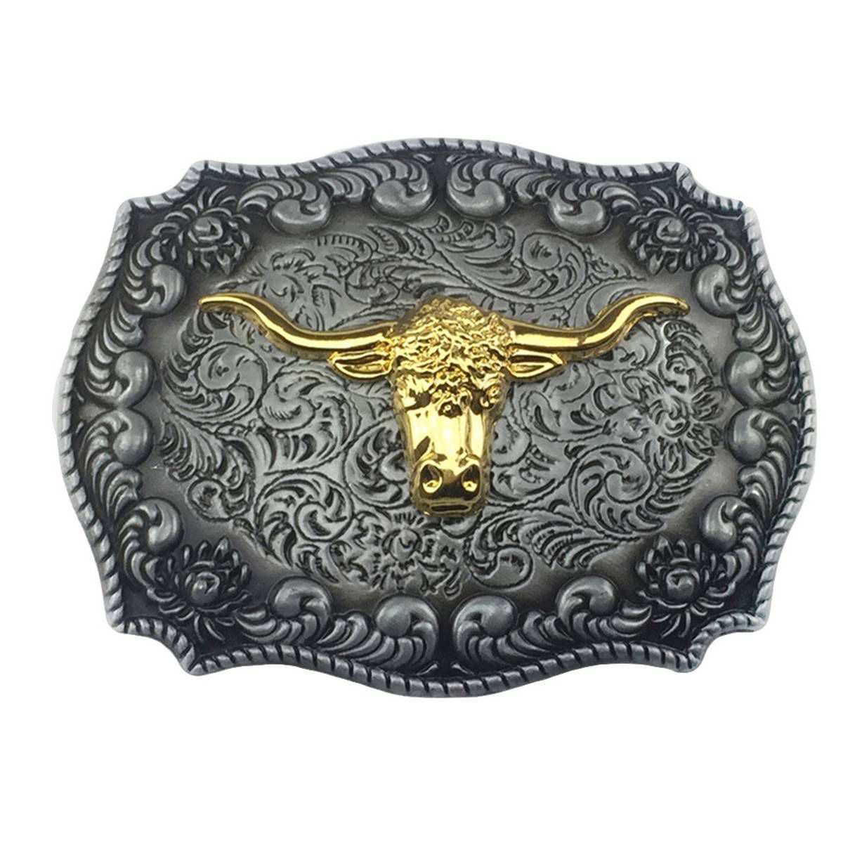 Vintage Western Cowboy Golden Long Horn Bull Head Floral Zinc Alloy Belt Buckle