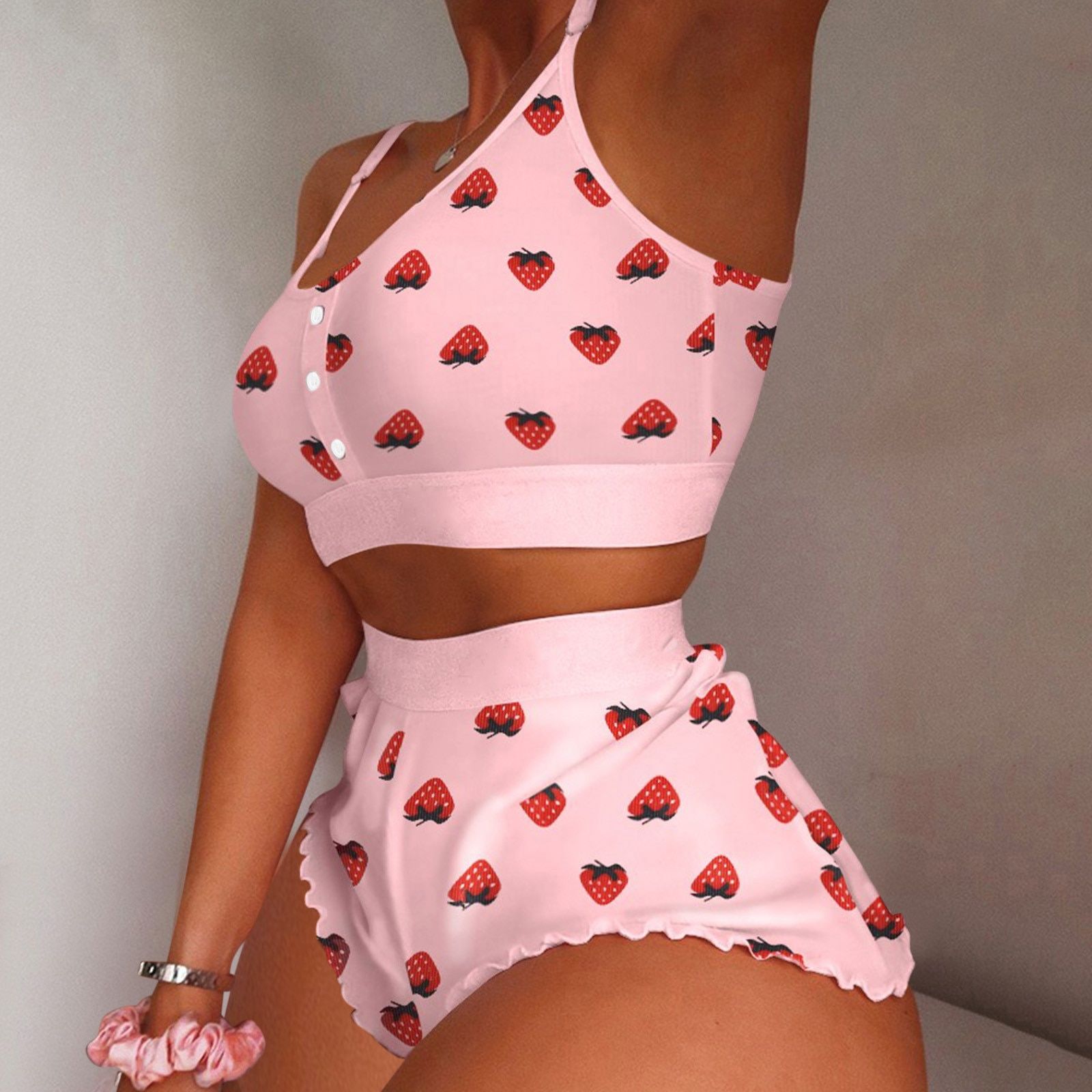 Women's 2 Pieces Kawaii Strawberry Print Frill Hem Cami Pajama Set  Femme Cute Crop Top & Shorts Suits Lady Sleepwear Y2k