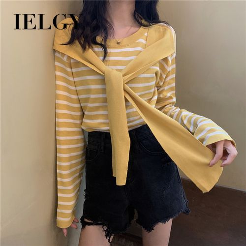 IELGY autumn Korean version loose and thin striped shawl all-match long-sleeved sweater tops women's trend
