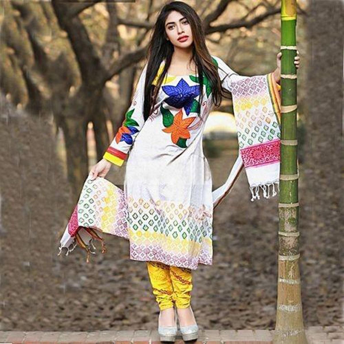 Fashionable Unstitched White Cotton Embroidery Printed Salwar Kameez For Women