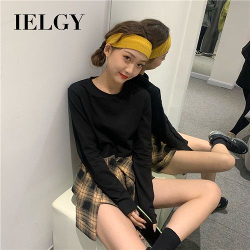 IELGY Korean round neck short section exposed navel small loose long sleeve bottoming T-shirt women's shirt