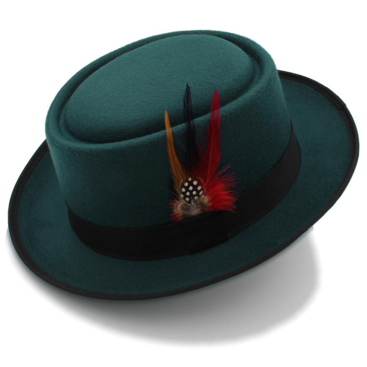 Fashion Women Men Pie Hat Dad Wool Flat Fedora Hat Lady Gentleman Gambler Panama Trilby Hat With Fashion Feather Size 58CM
