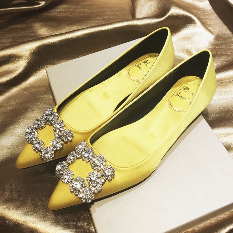Eastern Dawn Women Plus Size Flat Shoes Singles Shoes Wild Satin Rhinestone Women Shoes Pointed Flat Shoes Shallow Mouth Bridesmaid Wedding Shoes