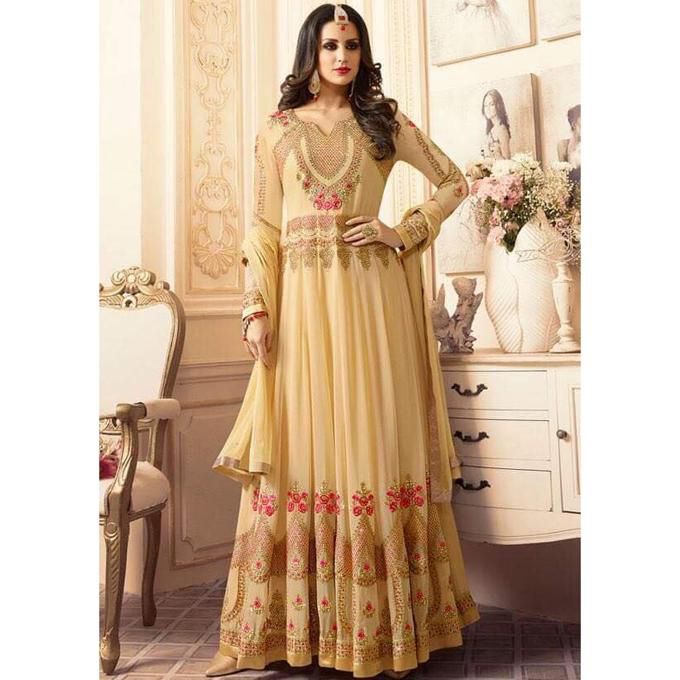 Beige Semi-Stitched Georgette Gown for Women