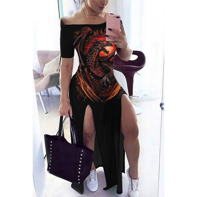 Goth Skull Print Graphic Off TShoulder Split Side Y2k Maxi Dress Women Short Sleeve Bodycon Plus Size Dresses Ladies Summer