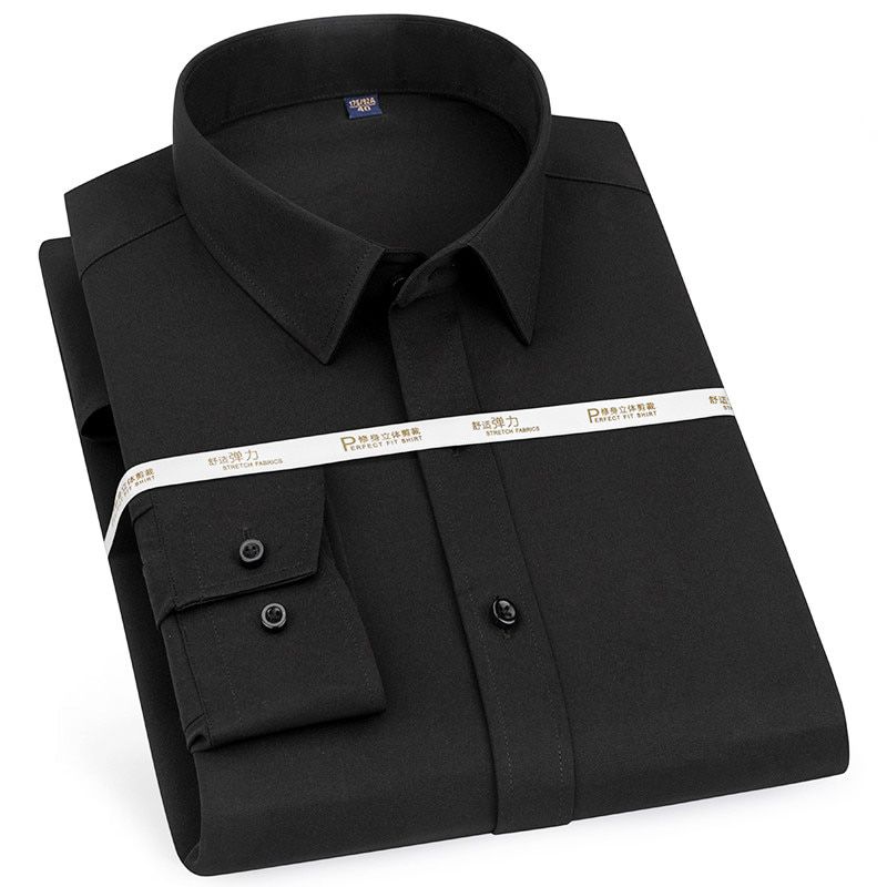 Autumn White Shirt Men's Pure Color Elastic Non Iron Long Sleeve Slim Professional Business Formal Black Gray Party/Wedding Tops