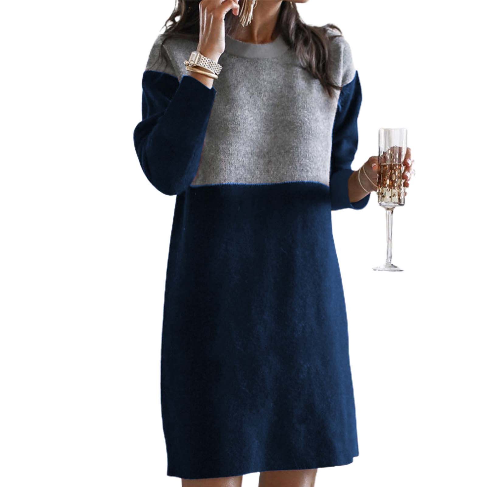 Casual Dress Round Neck Women Patchwork Color Short Dress