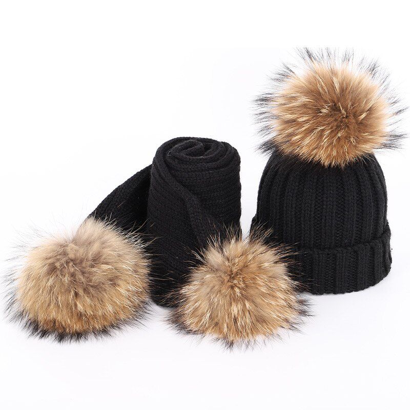Girls knitted cotton hats autumn winter warm comfortable children's caps bib two-piece raccoon fur pompom boy girl