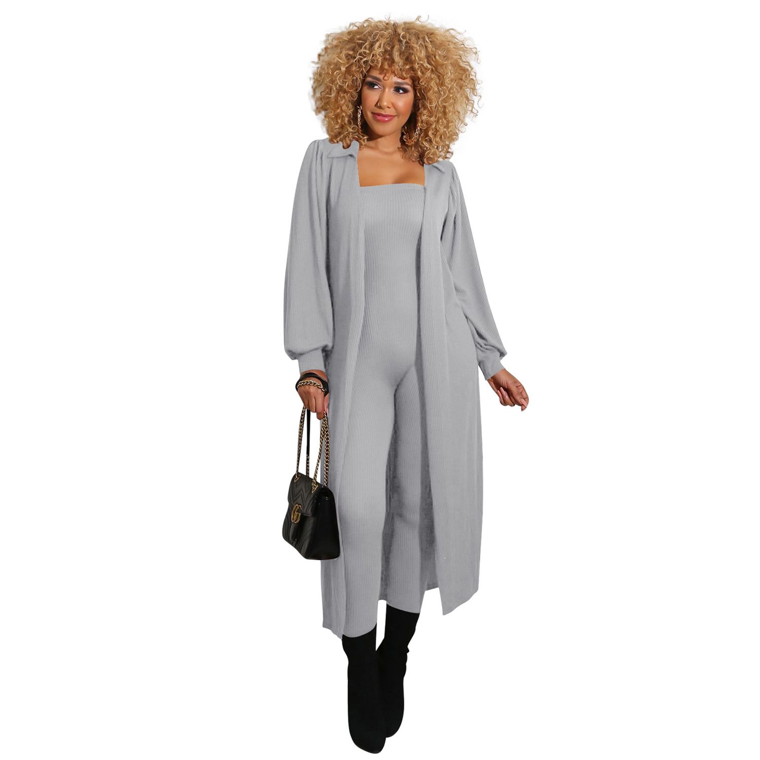 2021 Women's Two Piece Set Solid Color Thread Cape Long Coat Off Shoulder Jumpsuit for Female