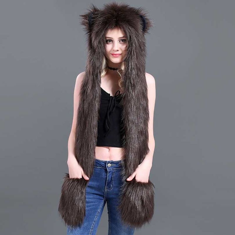 Faux Fur Hood Hat Flaps Hand Pockets 3 in1 Animal Hood Hat Wolf Plush Warm Animal Cap with Scarf Gloves