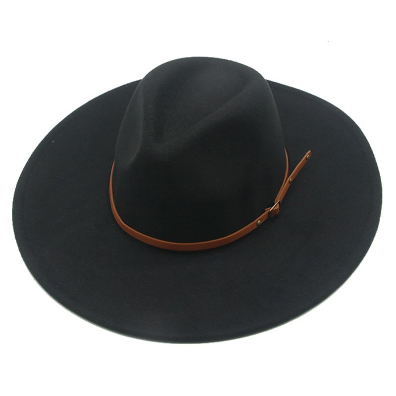 women hats winter big brim 9.5cm solid band belt fedora hat khaki black outdoor cowboy jazz caps hats for men sombrde mujer