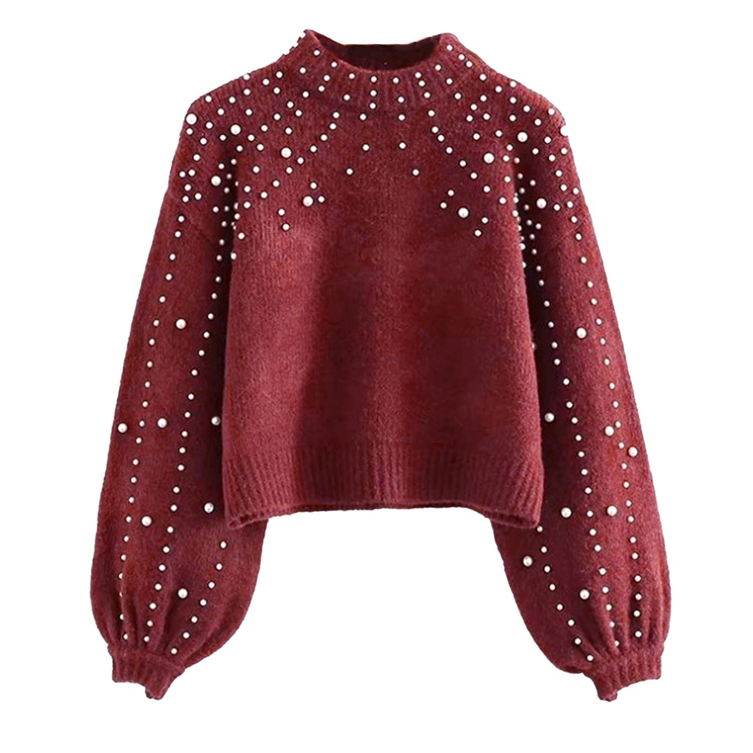 Knitted Pullover Crew Neck Faux Pearl Decor Pullover Sweater