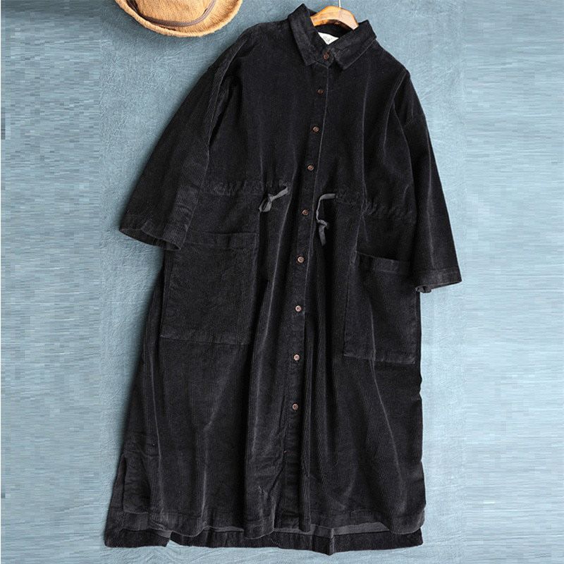 Autumn Winter Female Literature Art Vintage Windbreaker Loose Femme Mid-long Corduroy Drawstring Trench Coat Women Outwear