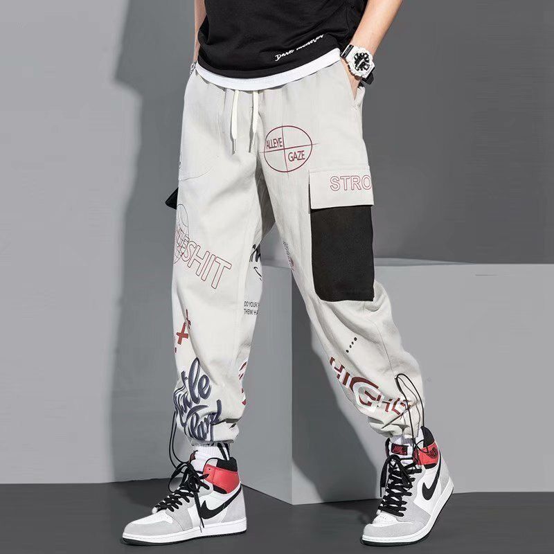 Mens Fashion New Cargo Pants Handsome Pattern Print Loose Streetwear Trousers Plus Size Male Casual Jogger Pants Sweatpants