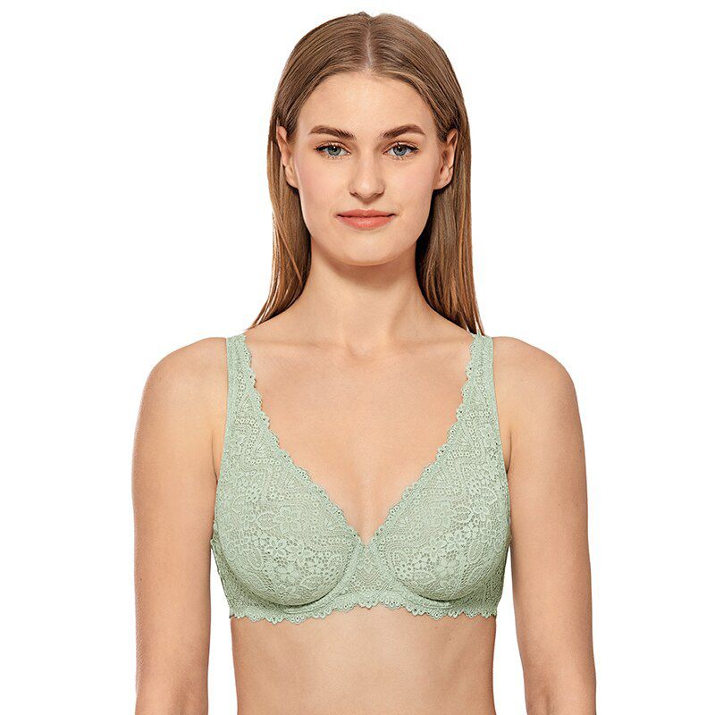 DOBREVA Women's  Lace Bralette Plunge Unlined Underwire Bra Plus Size A-F Cup