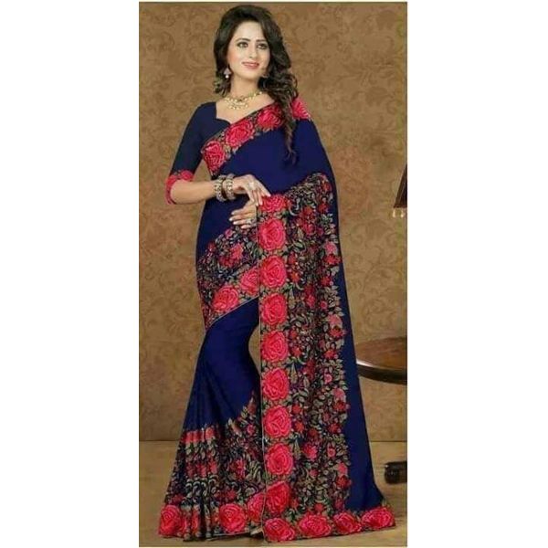Indian Weightless Georgette Saree Blue Color High Quality Embroidery Work On Blouse