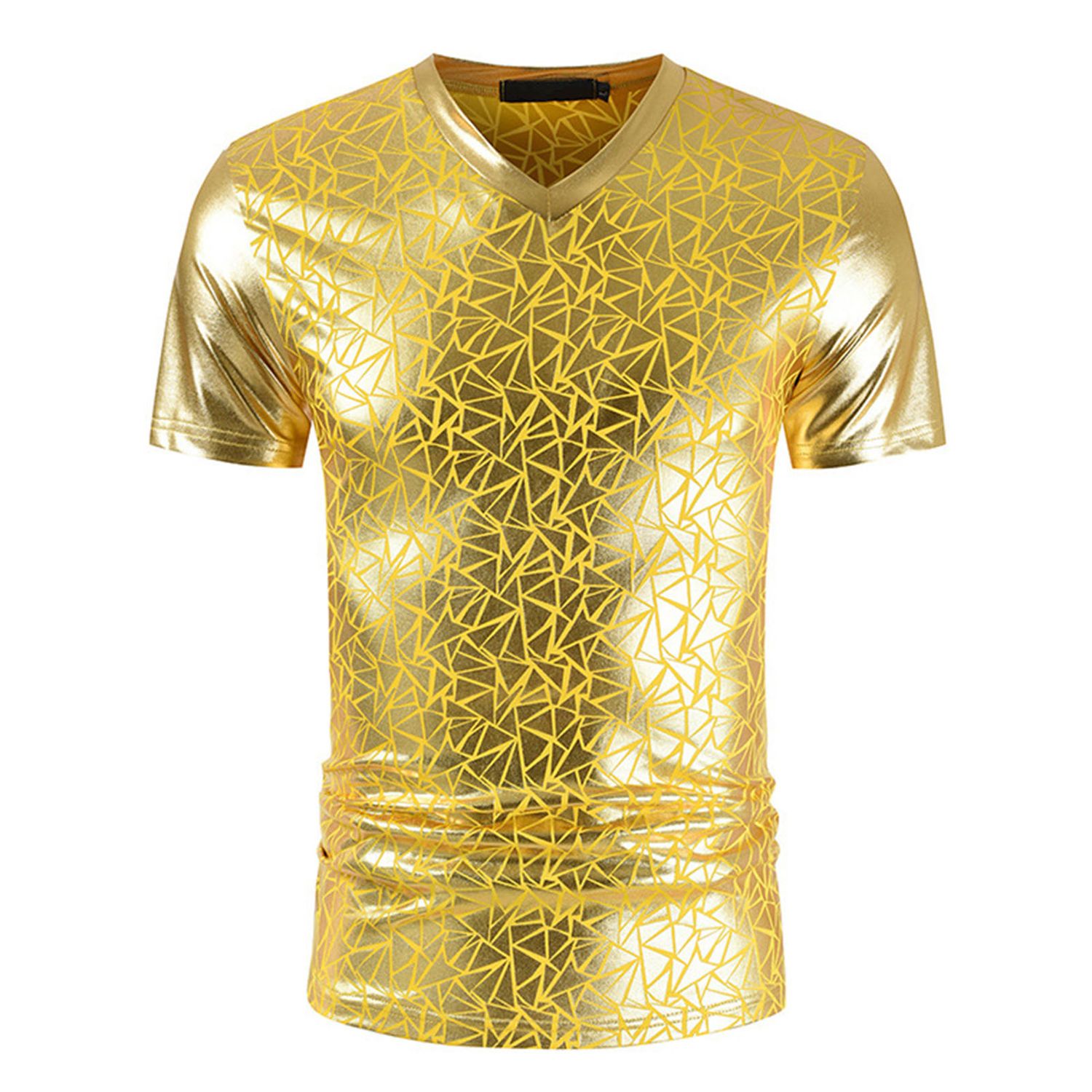 Men T-shirt Geometric Print Smooth Surface Summer V Neck Short Sleeve Top for Dating