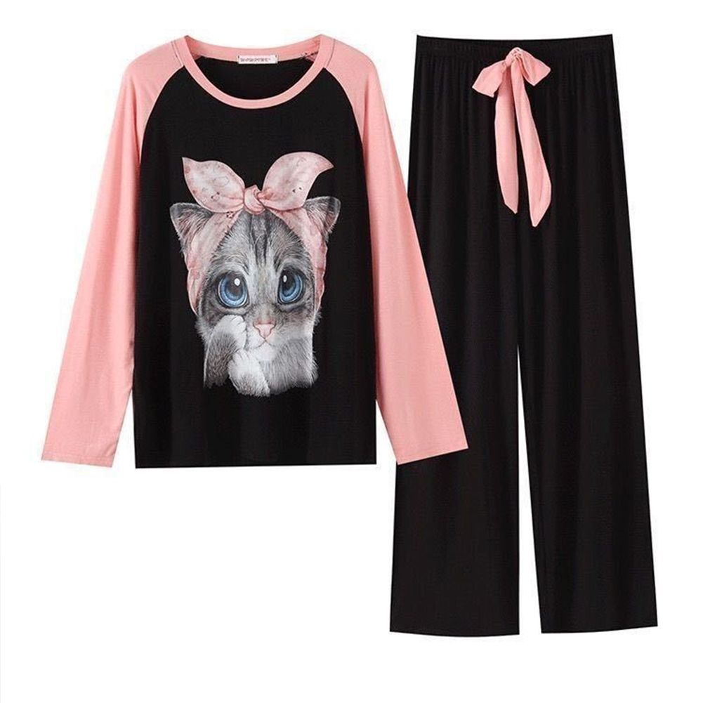 Yfashion 2 Pcs/set Women  Pajamas lk Silk Cartoon Printed Long-sleeved Pullover rousers e Wear Suit color