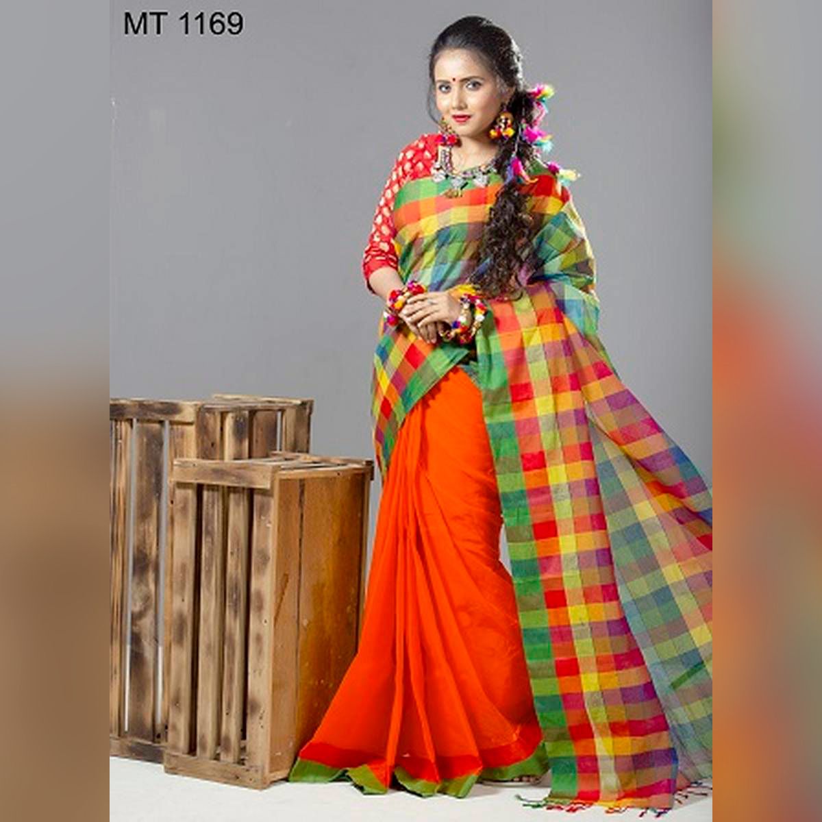 Multicolor Cotton Saree with Blouse Piece for Women