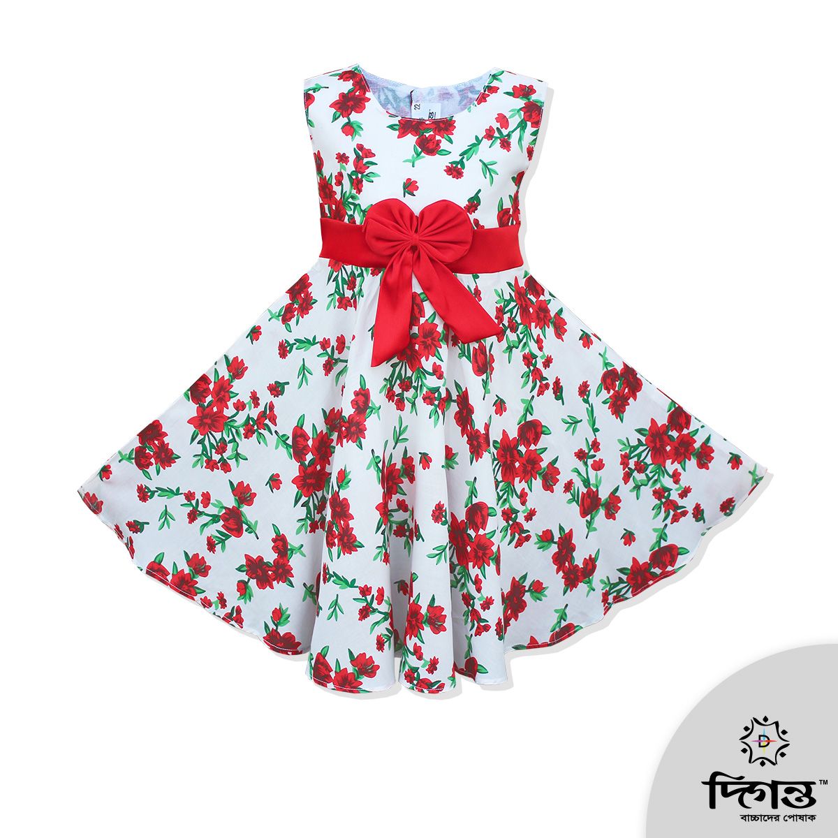 White & Red Big Flower Print Linen Baby Frock For Girls
