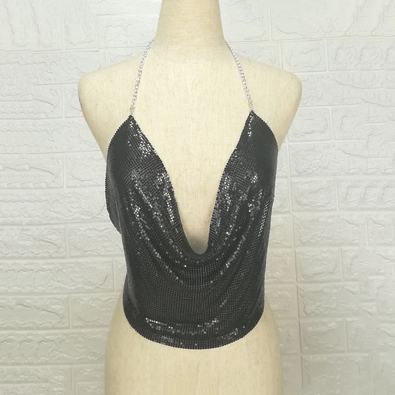 Backless Sequin Women metal Tops Halter Tank Top Party Club Camis Summer Beach Cropped Bra Top Strap Ladies