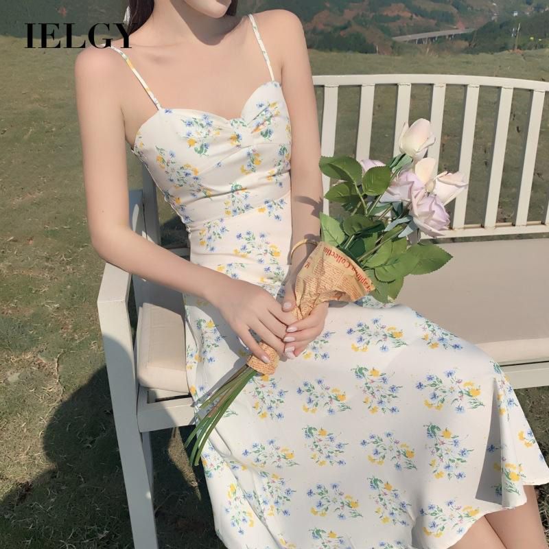 IELGY bow inside high waist chiffon floral suspender dress Bellflower pastoral style waist retro