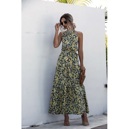 Summer Elegant beach Women Dress long Print Flowers Polka-dot strap Ladies Halter boho Dress Vintage party ladies Dress
