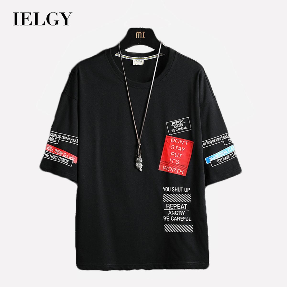 IELGY Men's fashion round neck T-shirt, 100% cotton casual short sleeves
