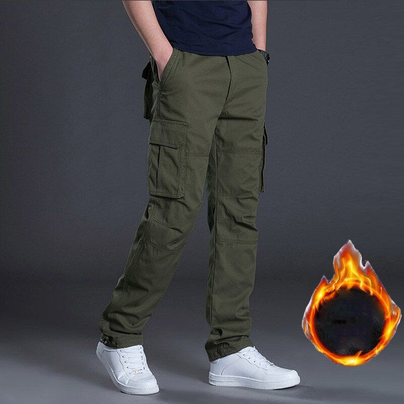 Men Winter Fleece Warm Cargo Pants Loose Straight Multi-pocket Overalls Tactical Thick Trousers Casual Cotton Warm Pants Men