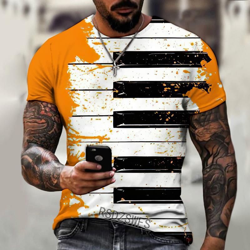 Piano Keys Musical Notes 3D Printing Lycra Polyester Short Sleeve Men's T-shirt Fashion Oversized Summer Top