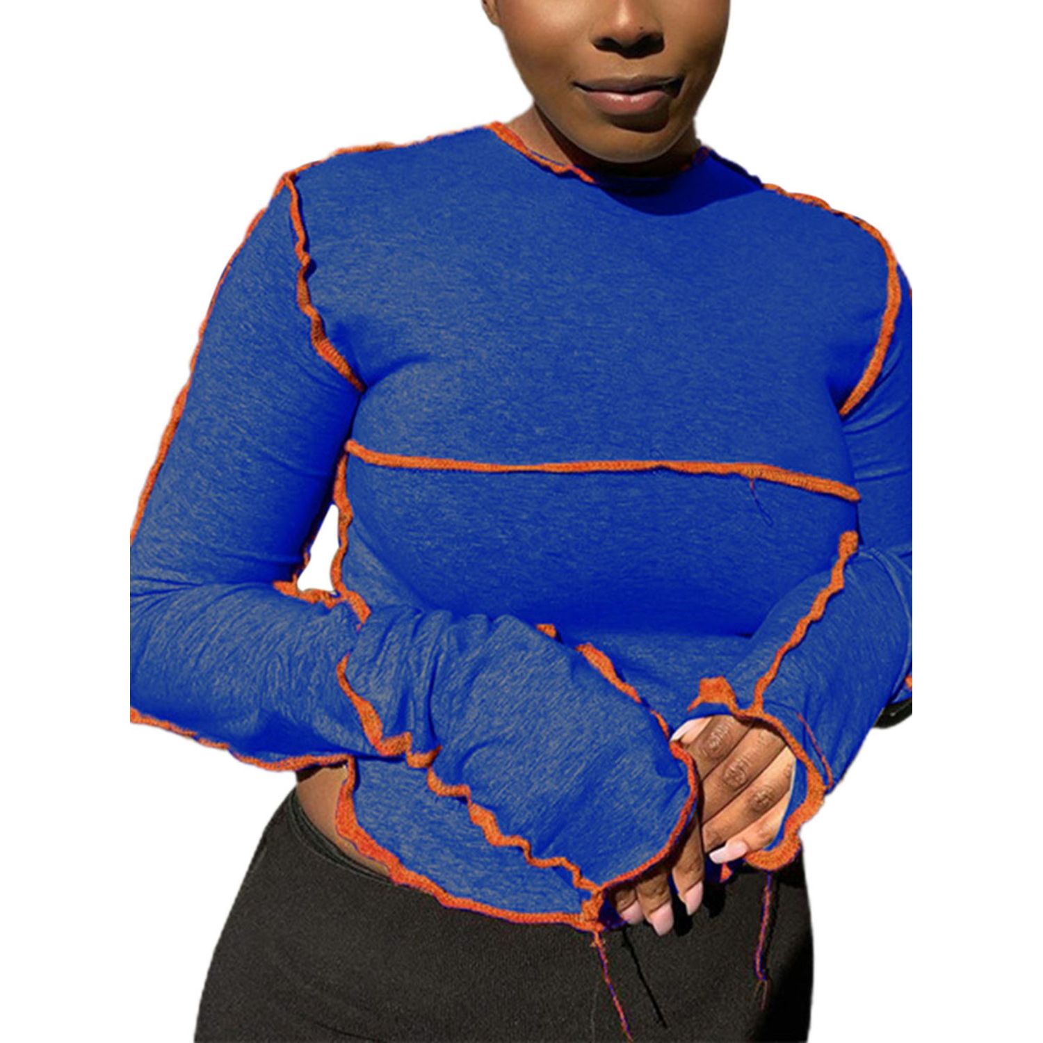 Women Color Block Pullover, Long Sleeve Round Neck Irregular Hem Top Autumn and Winter Clothes