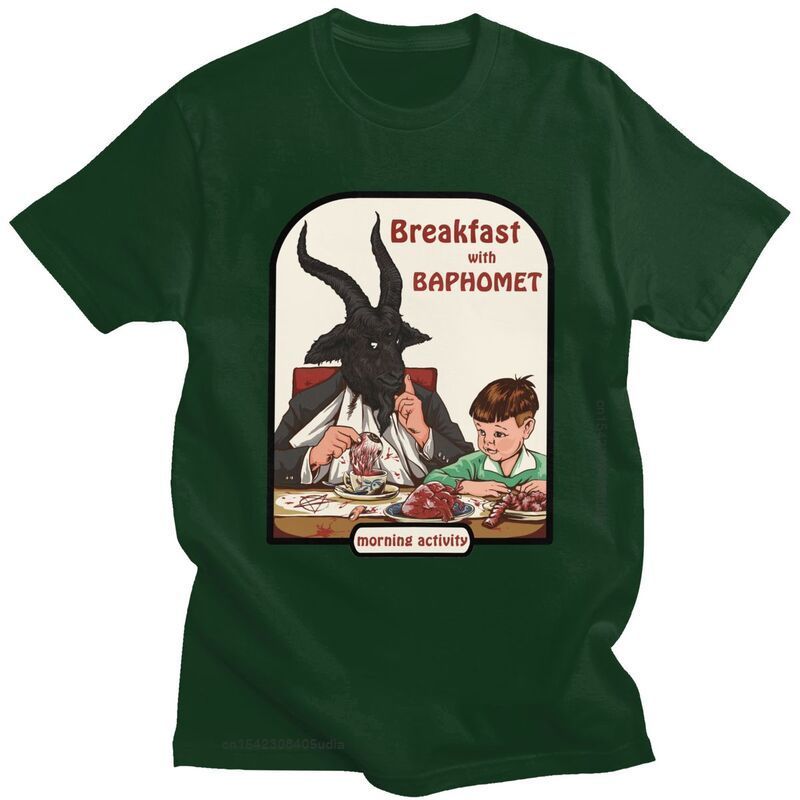 Classic Breakfast With Baphomet T Shirt Men Short Sleeve Cotton T-Shirt Leisure Devil Satan Demon Goat Tee Top Streetwear Tshirt