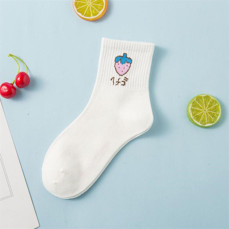 1 pair Cute Cartoon Fruit Socks Fruit Embroidery Peach Strawberry Watermelon Korean Banana Pattern Harajuku Funny