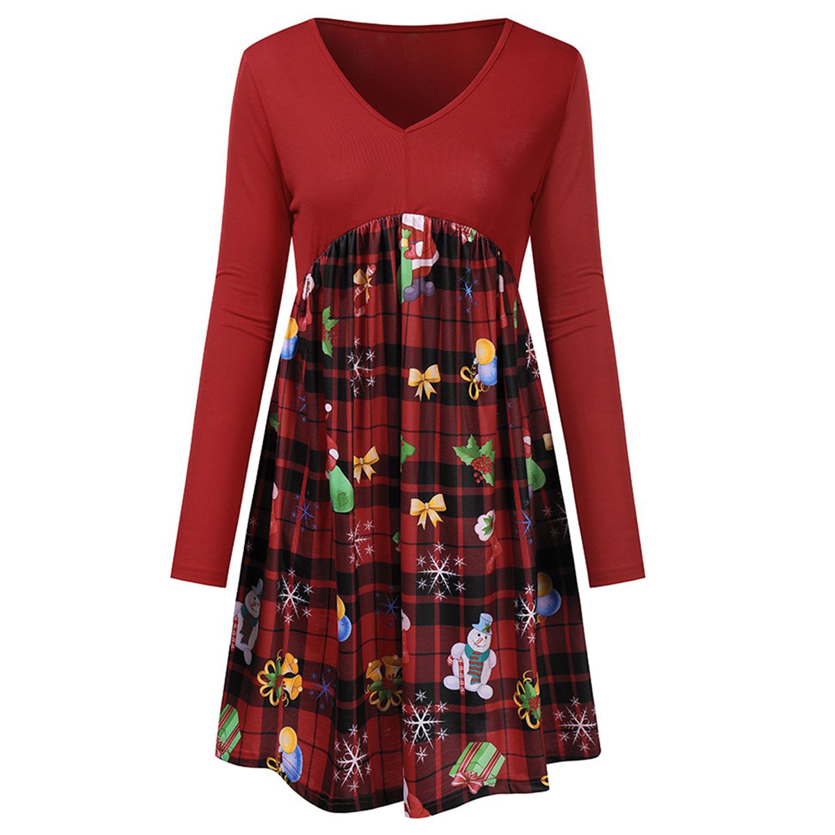 Women’s Autumn Long-sleeved Dress Fashion Christmas Print V-neck High Waist Stitching A-line Dress