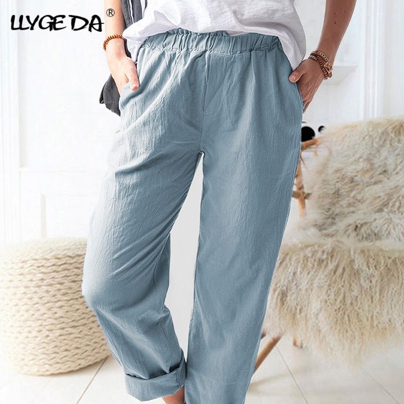 Cotton Linen Big Pocket Thin Women's Pants Solid Elastic Waist Pant For Women Summer Straight White Homewear Trousers