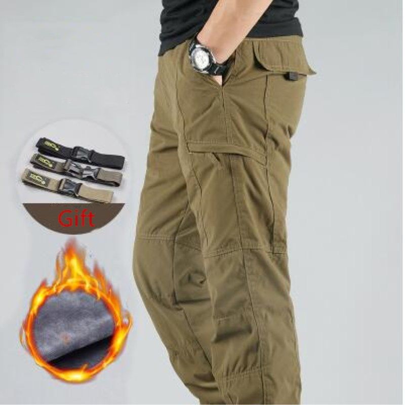 Men's Cargo Pants Winter Casual Warm Thicken Fleece Pants Men Cotton Multi Pockets  Military Baggy Tactical Pants