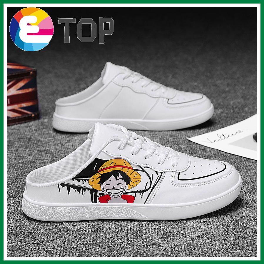 Slippers for Men Korean Half Shoes Summer Mules White Sneakers Half Leather White Shoes Casual Slip on Shoes Half Lazy Shoes Backless Flat Loafers Fashion Student Shoes