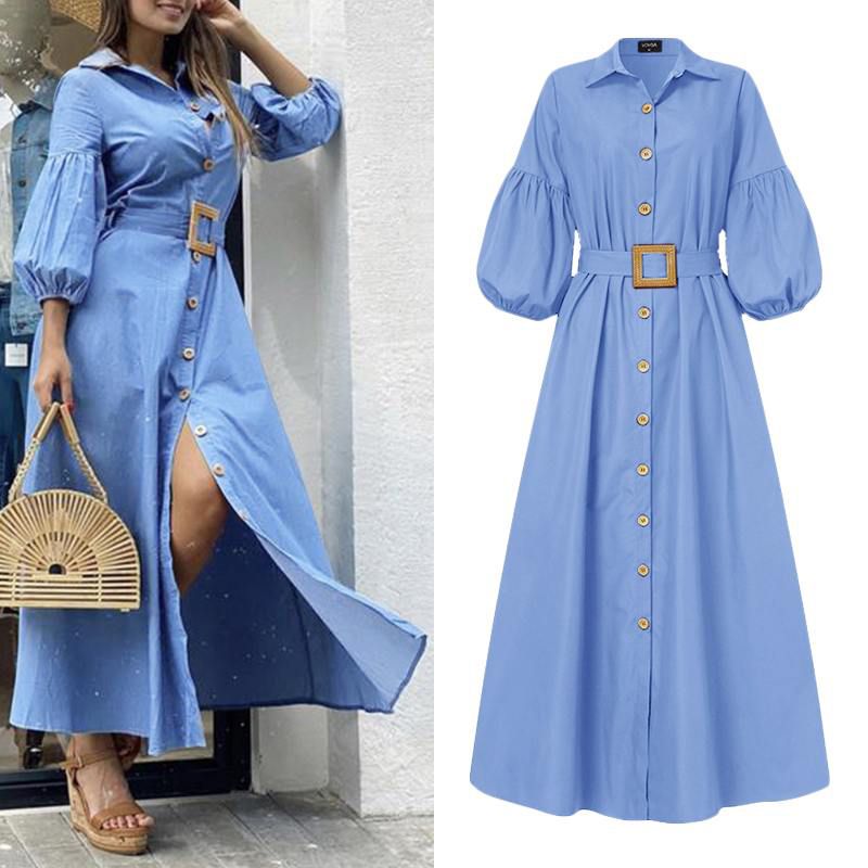 Elegant Office Ladies Dress Women Long Dresses Ladys Puff Sleeve Lapel Collar Sundress Vestido S-