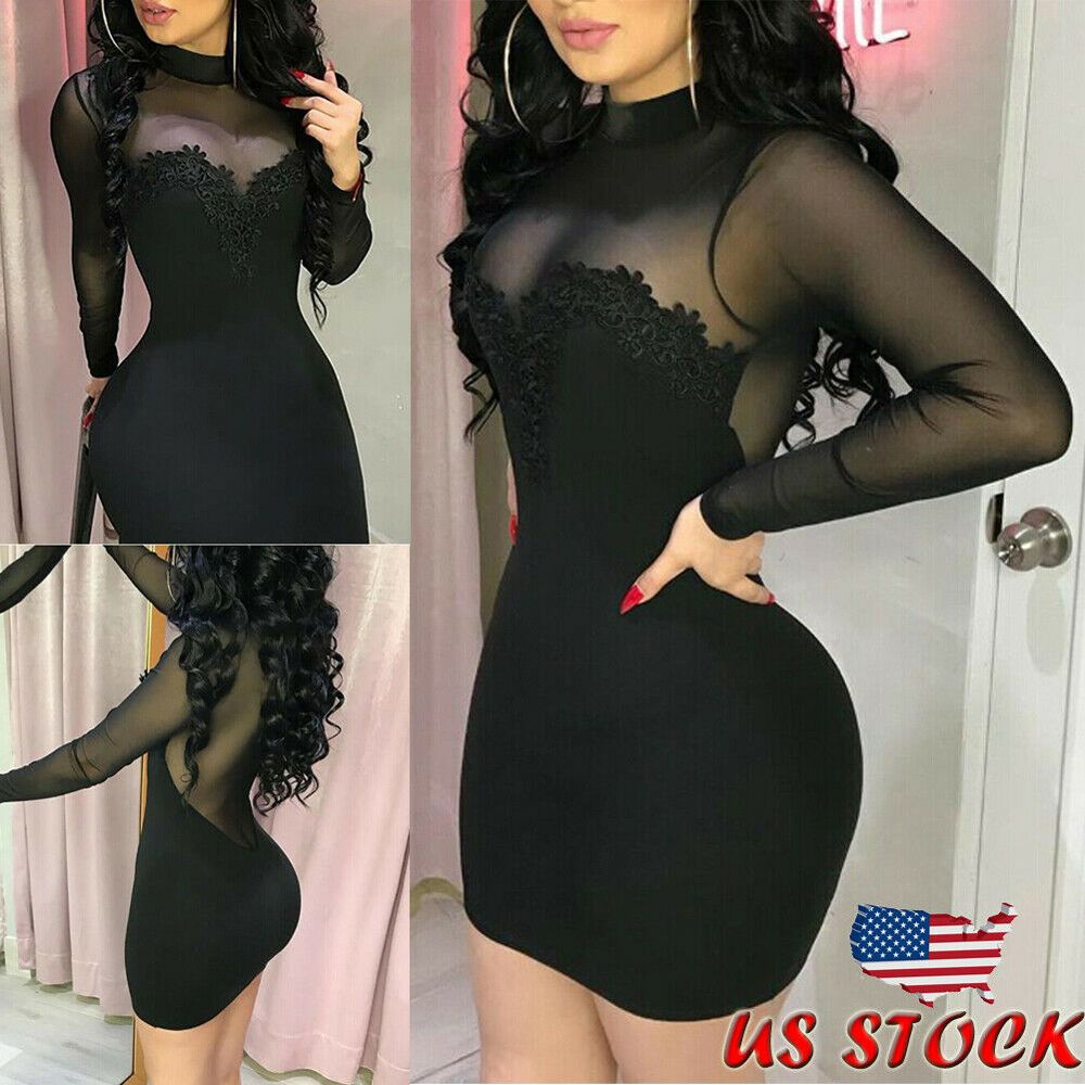 Skinny Summer Dress 2019 Mesh Transparent  Black Women Dress Casual Long Sleeve Evening Party Mini Short  Dress Bodycon