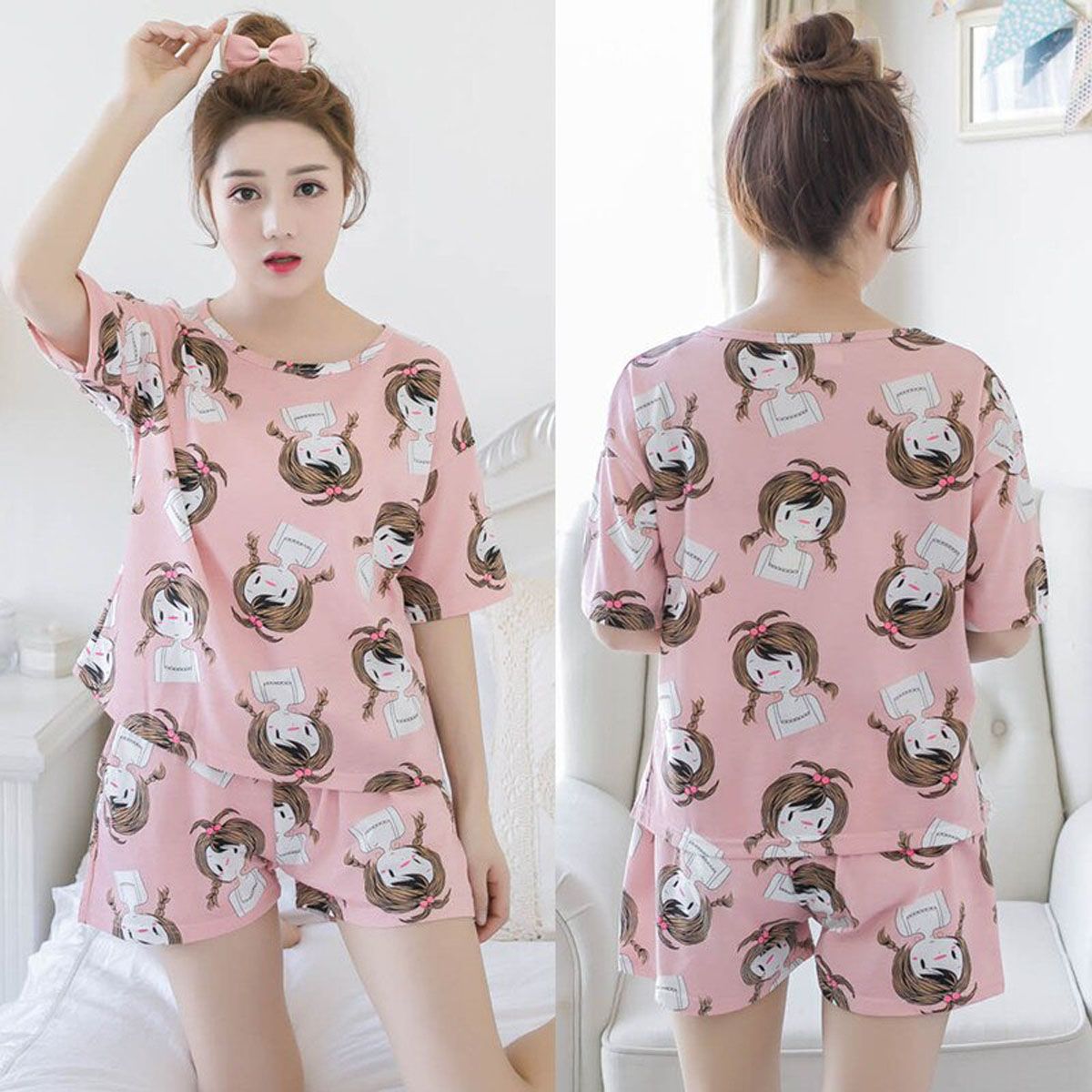 Kawaii Leisure Soft Womens Sleepwear Pajama Sets Women Summer  Trendy Simple Korean Sweet Printed Loose Schoolgirls Homewear