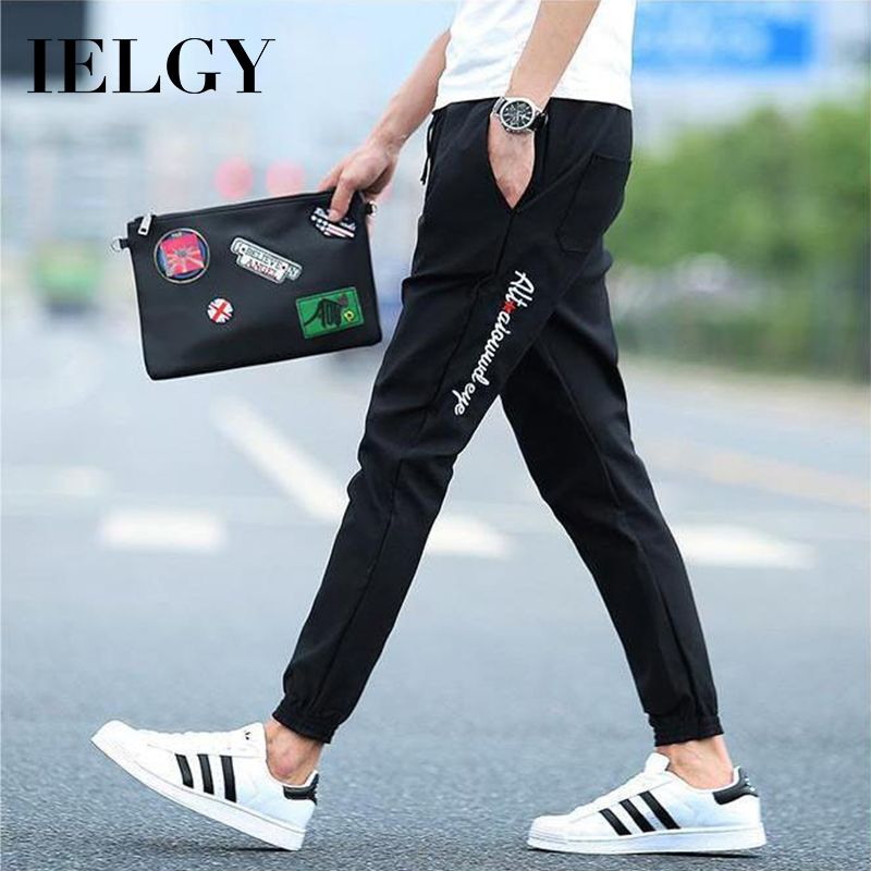 IELGY Summer black cropped pants teen mens casual sports pants