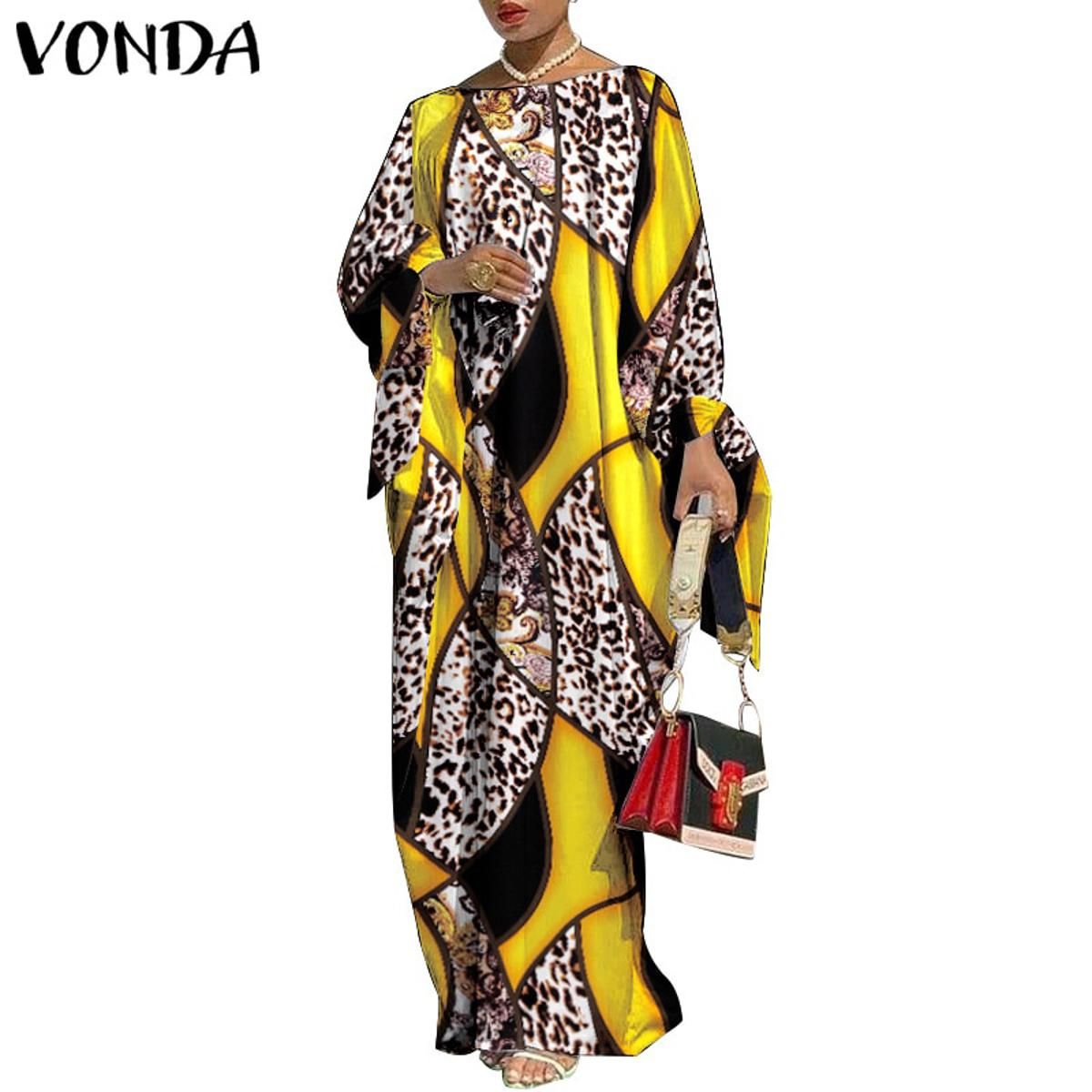 Party Dress 2021 VONDA Vintage Printed Long Sleeve Dresses Women Casual Loose Bohemian Vestidos Long Maxi Robe Femme Sundress