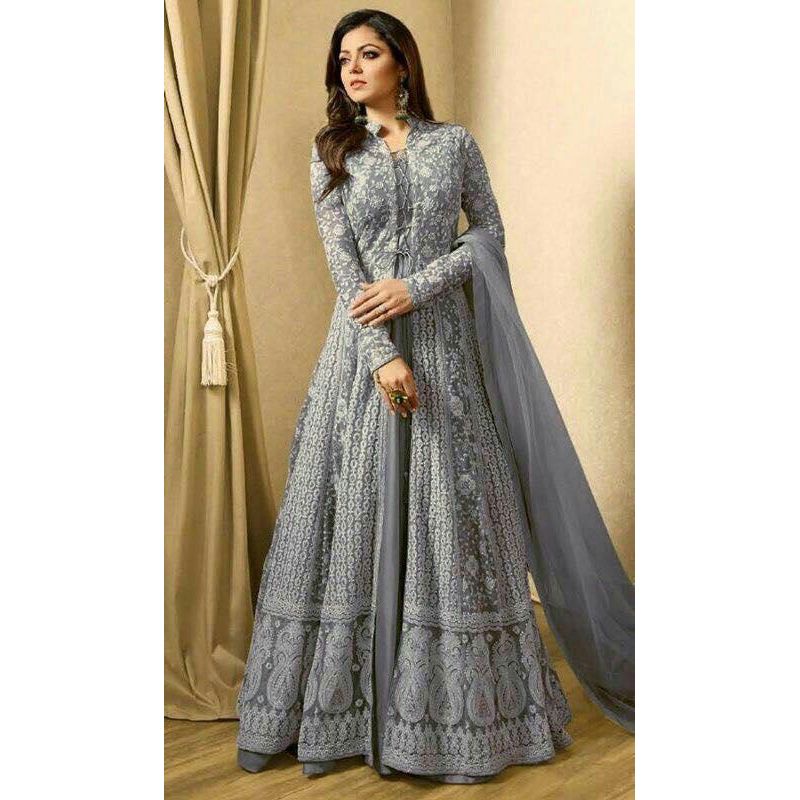 Exclusive Georgette Unstitched Gown For Women - Light Gray