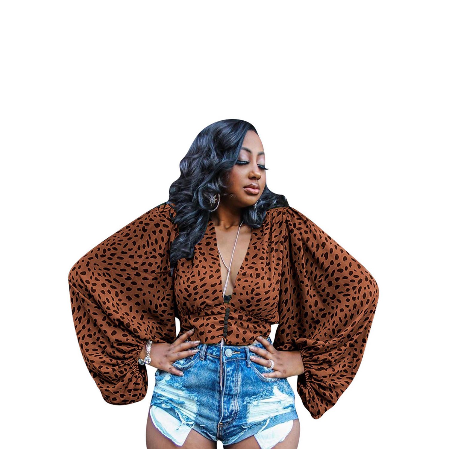 New Women's Leopard Print Long Sleeve T-Shirt Fashion Casual Bat Sleeve Loose Deep V-neck Pullover Top