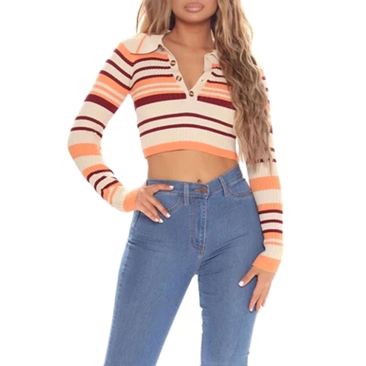 Ladies Midriff-baring Knitted Tops, Leisure Style Mixed Color Stripes Lapel Front Button Long Sleeve T-shirt Slim Base Shirt