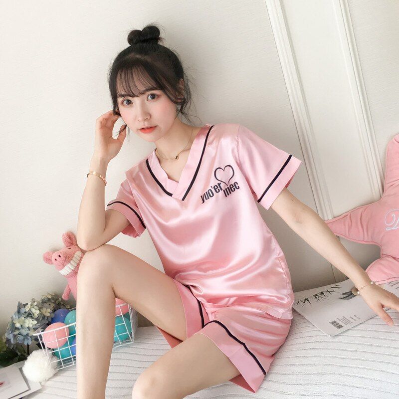 Home Clothes for Women Pajamas with Shorts Summer Thin Short-sleeved Korean Sweet Lovely V-neck Silk 2 Piece Pajama Set Women