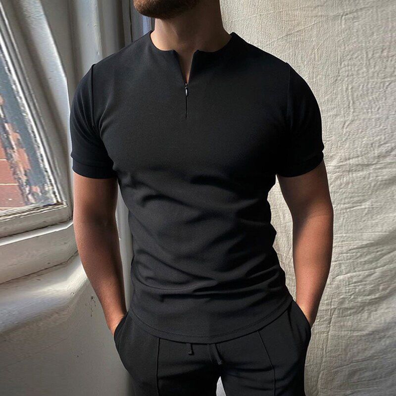 Casual Simple Solid Short Sleeve Tee Shirt Men Vintage Zipper O-Neck Top Pullover Summer Fashion Loose T-Shirt Mens Clothes