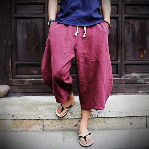 Men Cotton Linen Baggy Wide Leg Pants Men Hanging Crotch  Hop Bloomers Pants Men's Calf-Length Cross Pants Trousers
