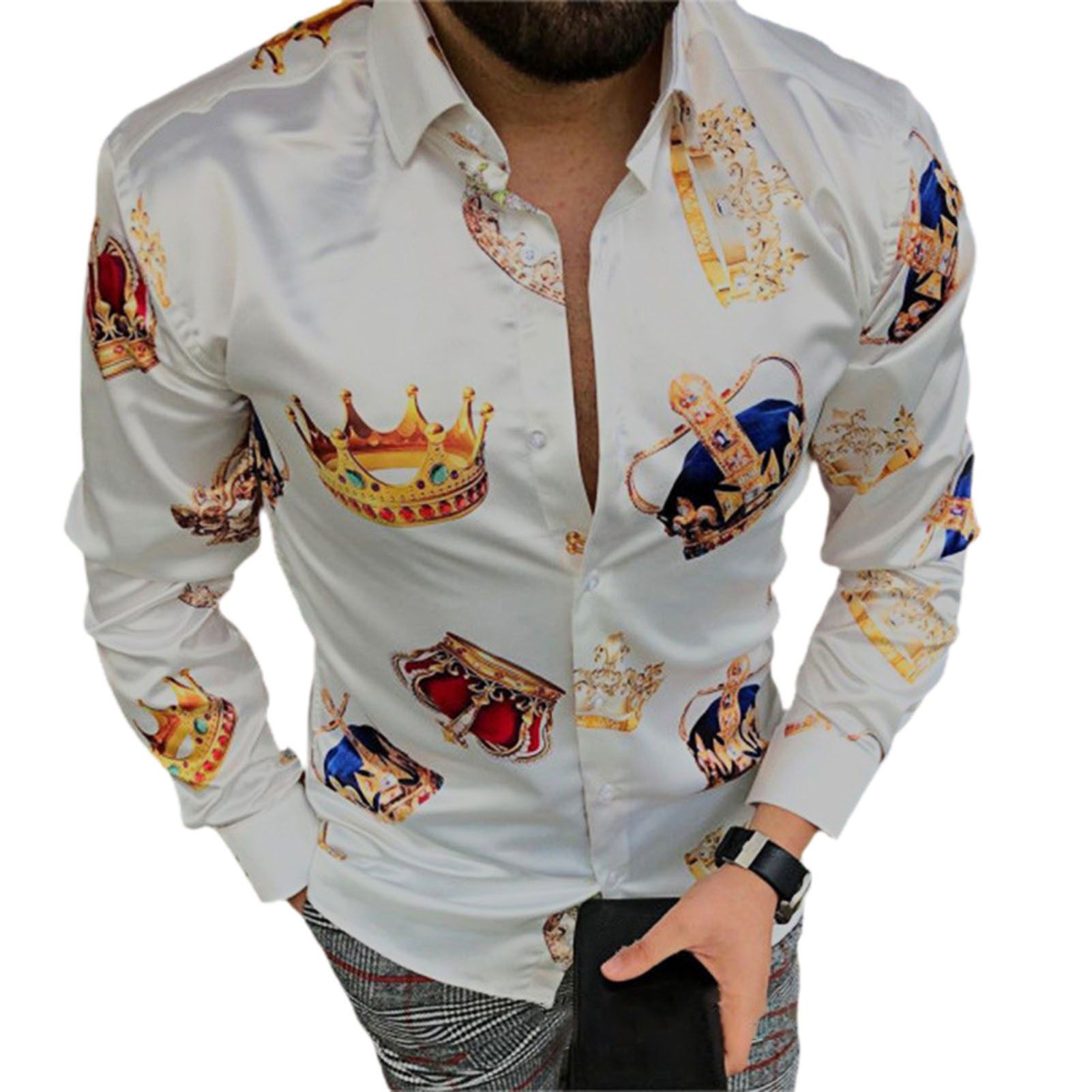 Men Crown Print Turn-down Collar Long Sleeve Buttons Slim Shirt Streetwear for Party