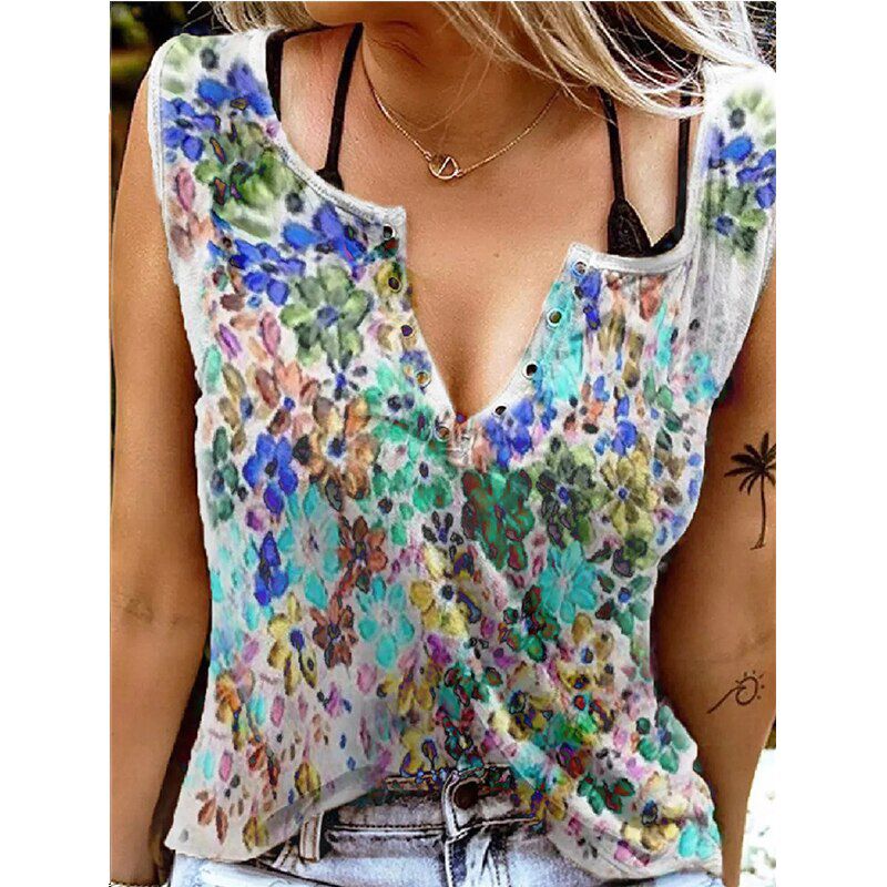 Summer New Vest Top Women's V Neck Sleeveless T Shirt Printing Short-sleeved Shirt able Clothing